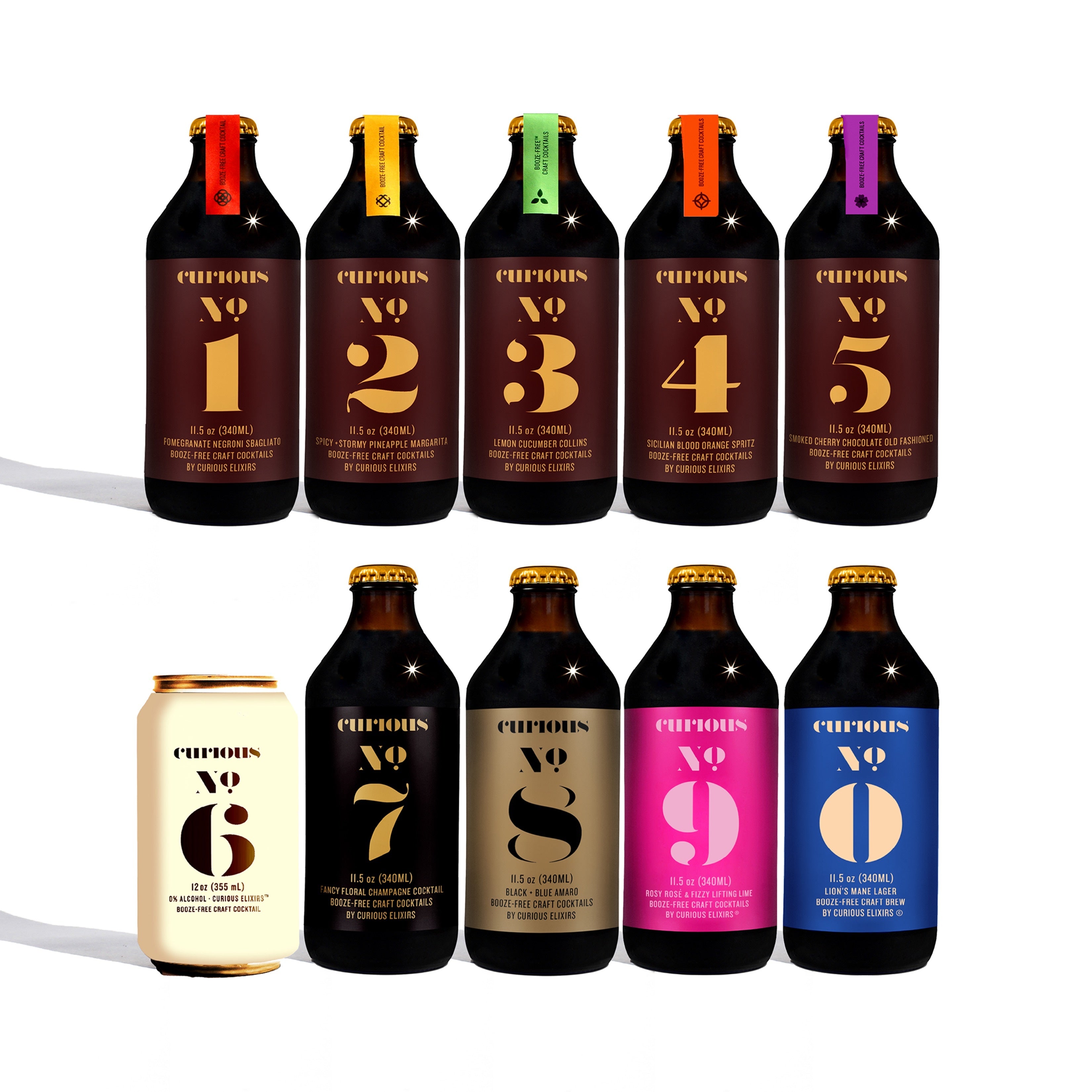 Set of Curious Elixirs bottles and cans with colorful labels in two rows on a white background