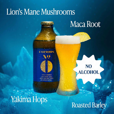 A bottle and a glass, Curious Zero styled on ice with text reading 'Lion's Mane Mushrooms', 'Maca Root', 'Yakima Hops', and 'Roasted Barley'. The bottle label shows the brand Curious No. 0