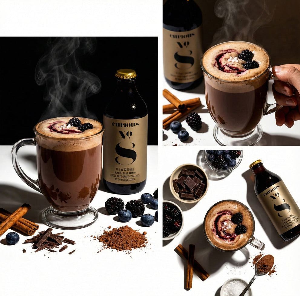 A trio of lifestyle images featuring Curious Hot Chocolate, a warm drink in a clear mug with a bottle of Curious No. 8 and garnishes of blackberry and blueberry and cocoa and cinnamon.