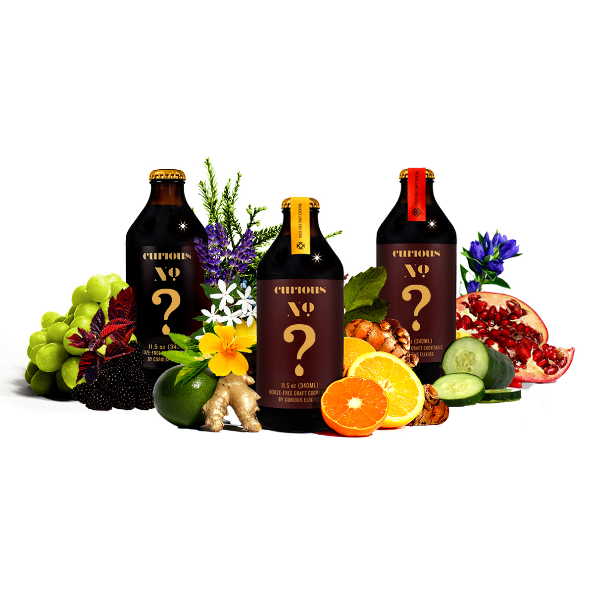 Three bottles of Curious Elixirs, each a different color, displayed with various fruits and flowers around them, on a white background.