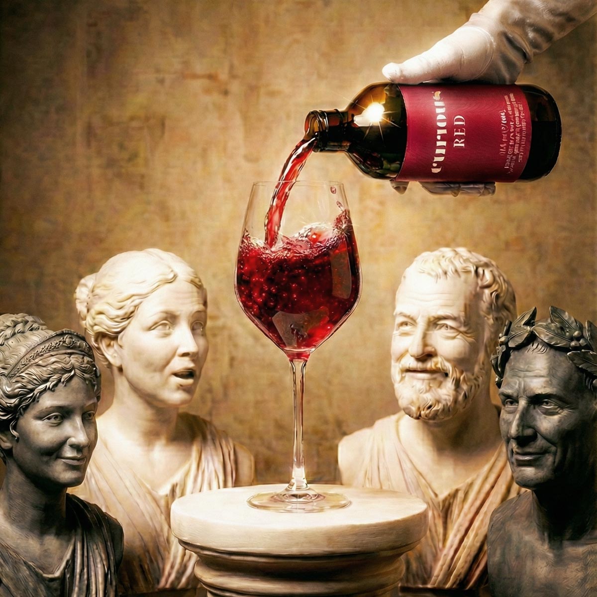 Bottle of Curious Red nonalcoholic wine being poured into a glass with classical statue sculptures in the background.