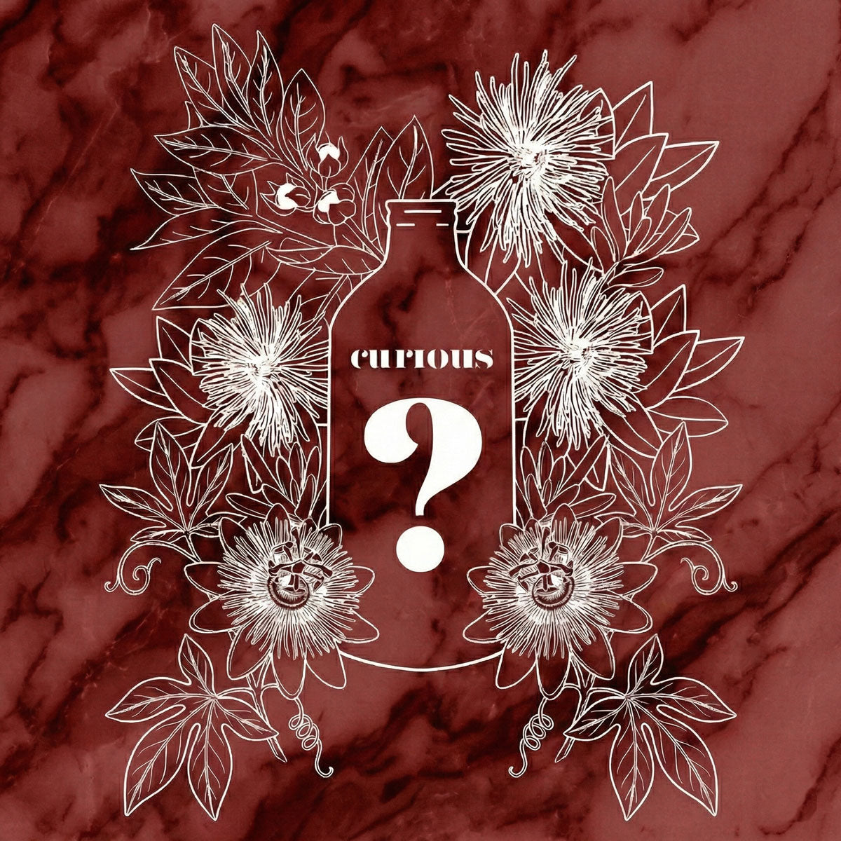 Decorative design with a bottle labeled 'Curious?' surrounded by floral elements on a red marbled background. The plants are Indian ashwagandha, South African kanna, and passionflower.