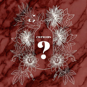 Decorative design with a bottle labeled 'Curious?' surrounded by floral elements on a red marbled background. The plants are Indian ashwagandha, South African kanna, and passionflower.