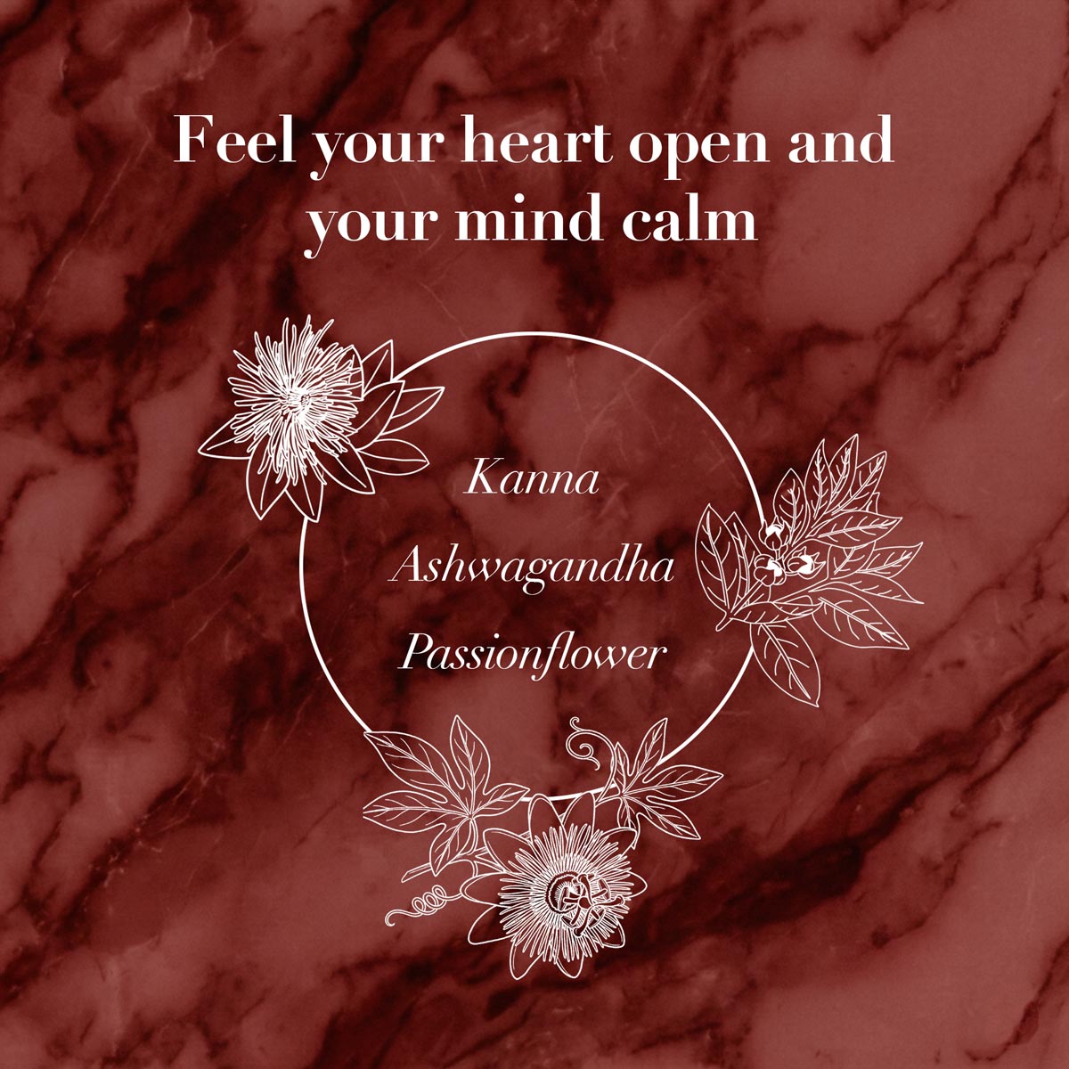 Decorative design with floral elements and text on a marbled background.  Represented are the flowers and leaves of kanna, ashwagandha, and passionflower. Above reads the text "Feel your heart open and your mind calm"