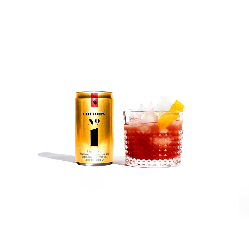 Curious Elixir No. 1 • Minigold Cans • Nonalcoholic Pomegranate Negroni Sbagliato