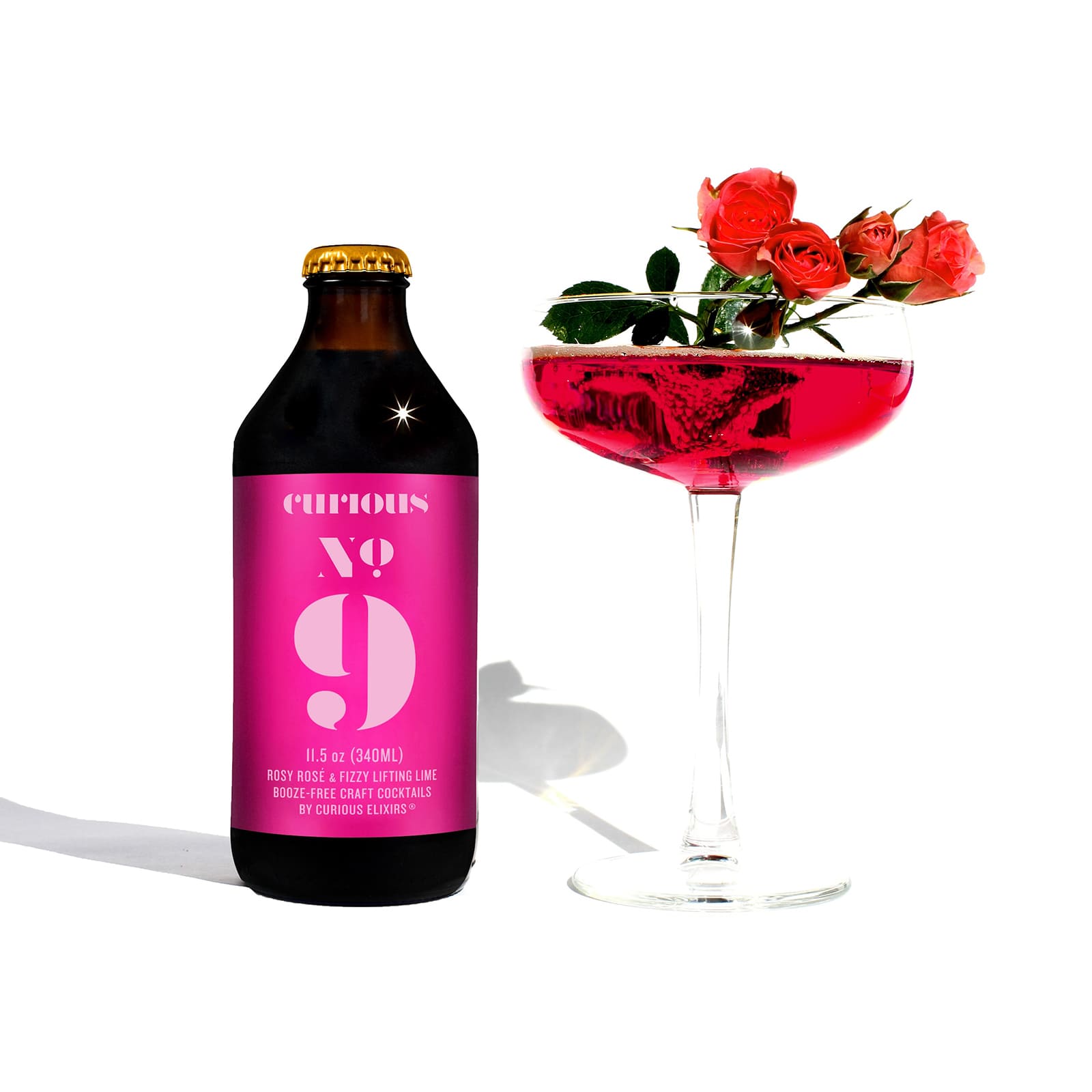 An infographic displaying the flavor profile and ingredients for a bottle of Curious Elixirs No. 9.