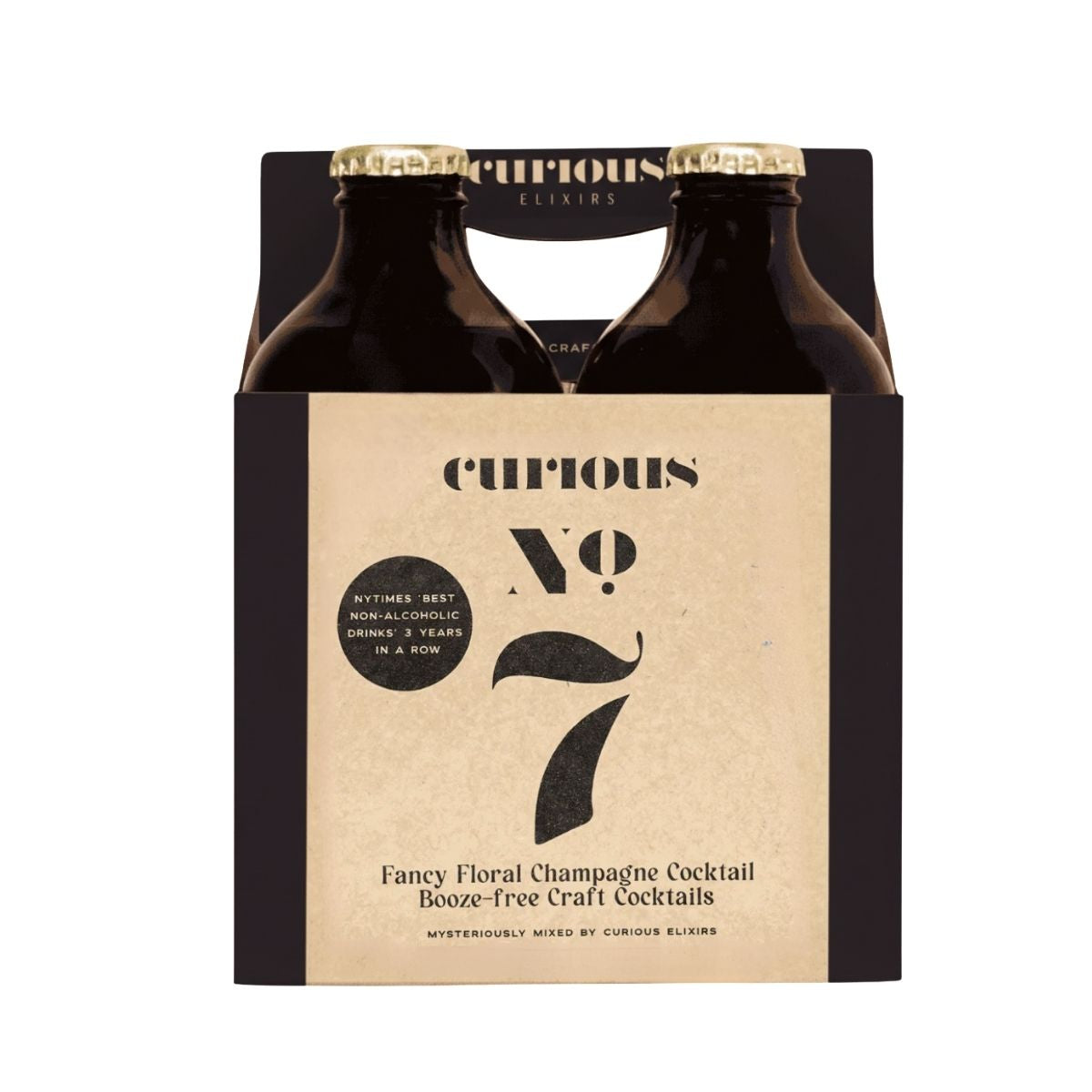 Pack of Curious No. 7 cocktails with a cardboard sleeve on a white background
