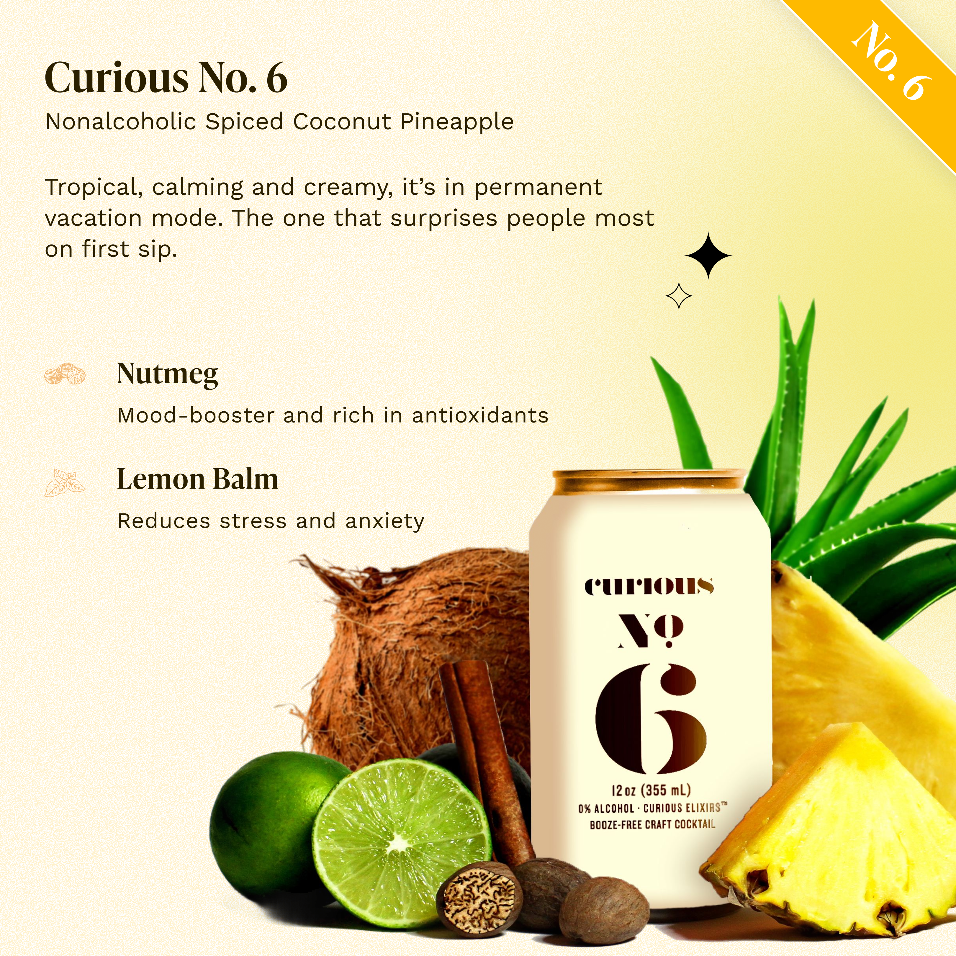 Can of Curious No. 6 Nonalcoholic Spiced Coconut Pineapple with coconut, pineapple, lime, cinnamon sticks, and whole nutmeg. Key ingredients: nutmeg and lemon balm.