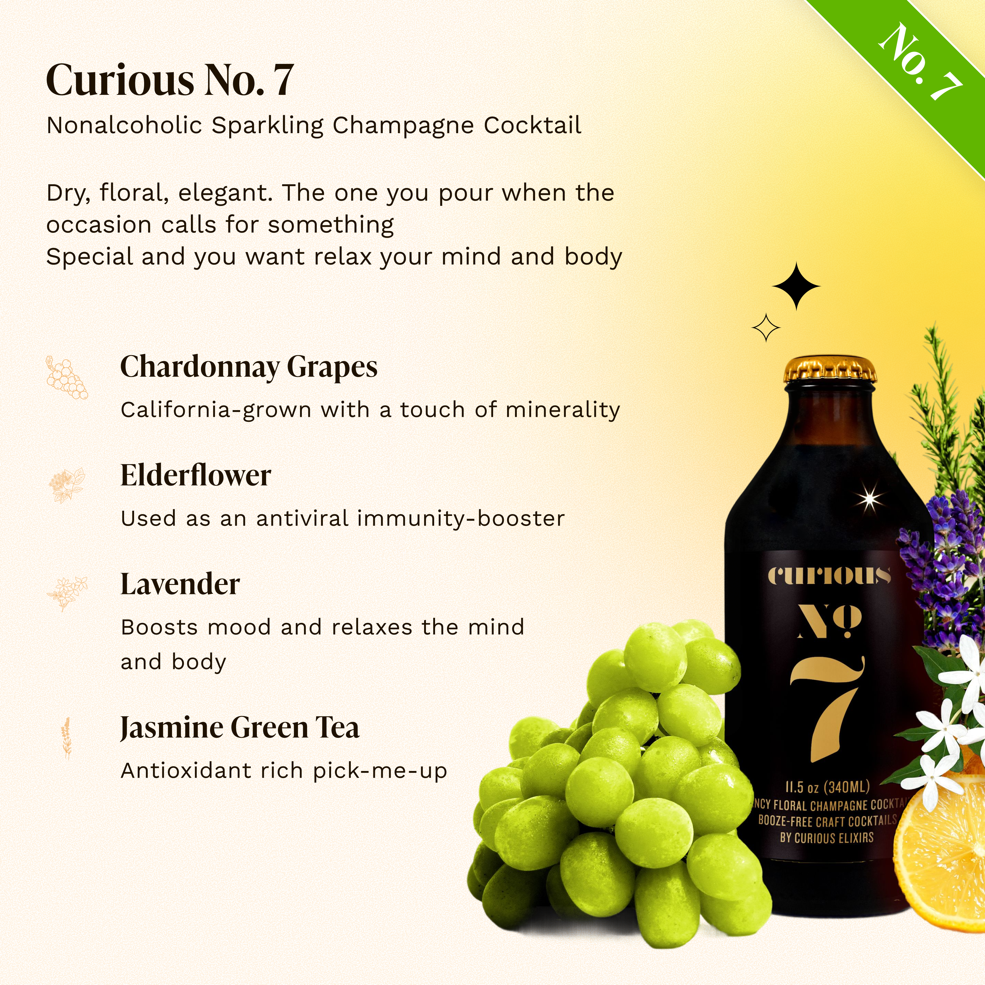 Curious No. 7 Nonalcoholic Sparkling Champagne Cocktail bottle with green grapes, lavender, white flowers, and citrus. Key ingredients: Chardonnay grapes, elderflower, lavender, and jasmine green tea.