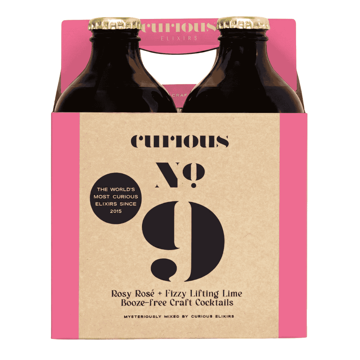 Four-pack of Curious No. 9 cocktails in a pink and brown box.
