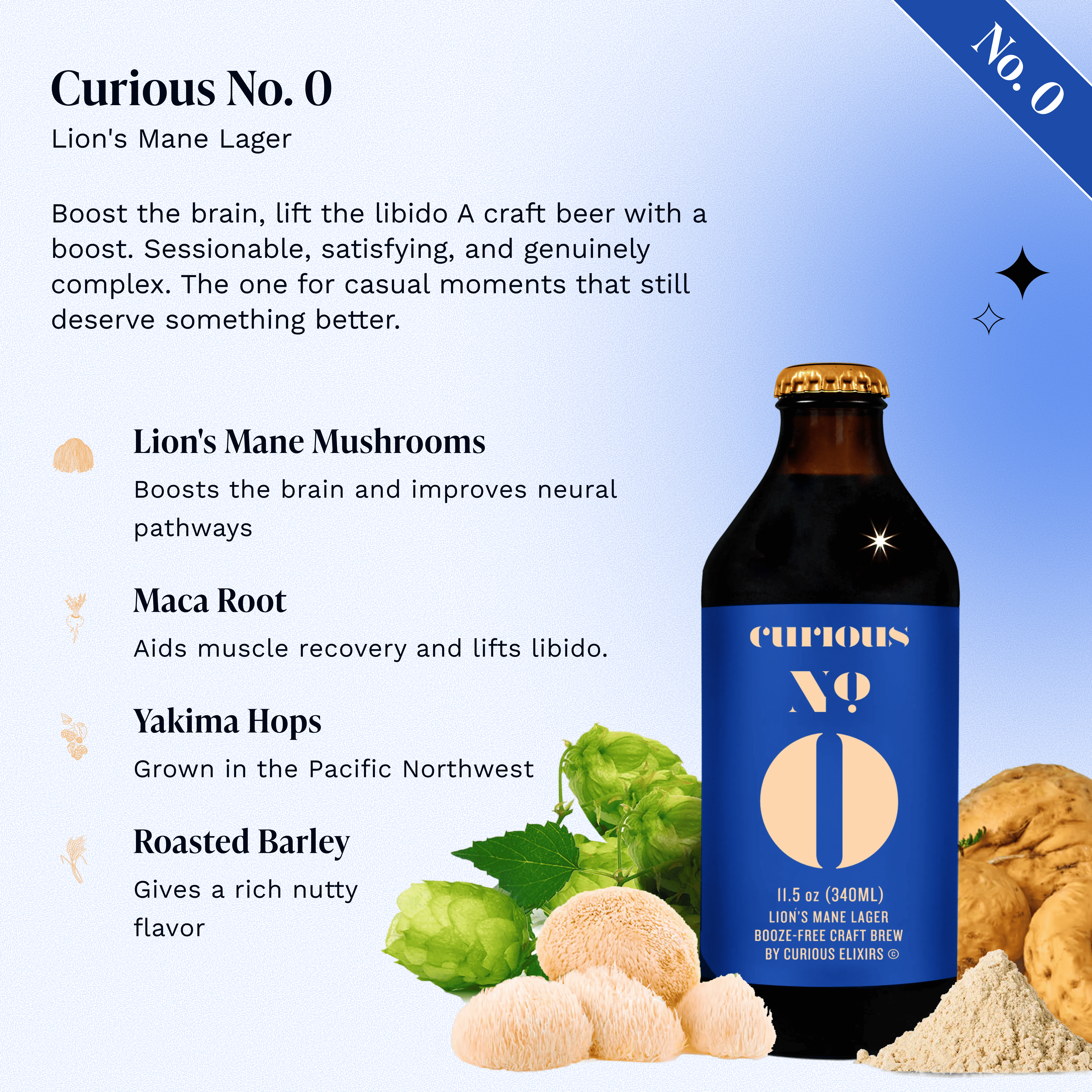Curious No. 0 Lion's Mane Lager, a booze-free craft brew. Sessionable, satisfying, and genuinely complex. Features lion's mane mushrooms, maca root, Yakima hops, and roasted barley. Blue-labeled bottle beside hop cones, lion's mane mushrooms, and maca root.