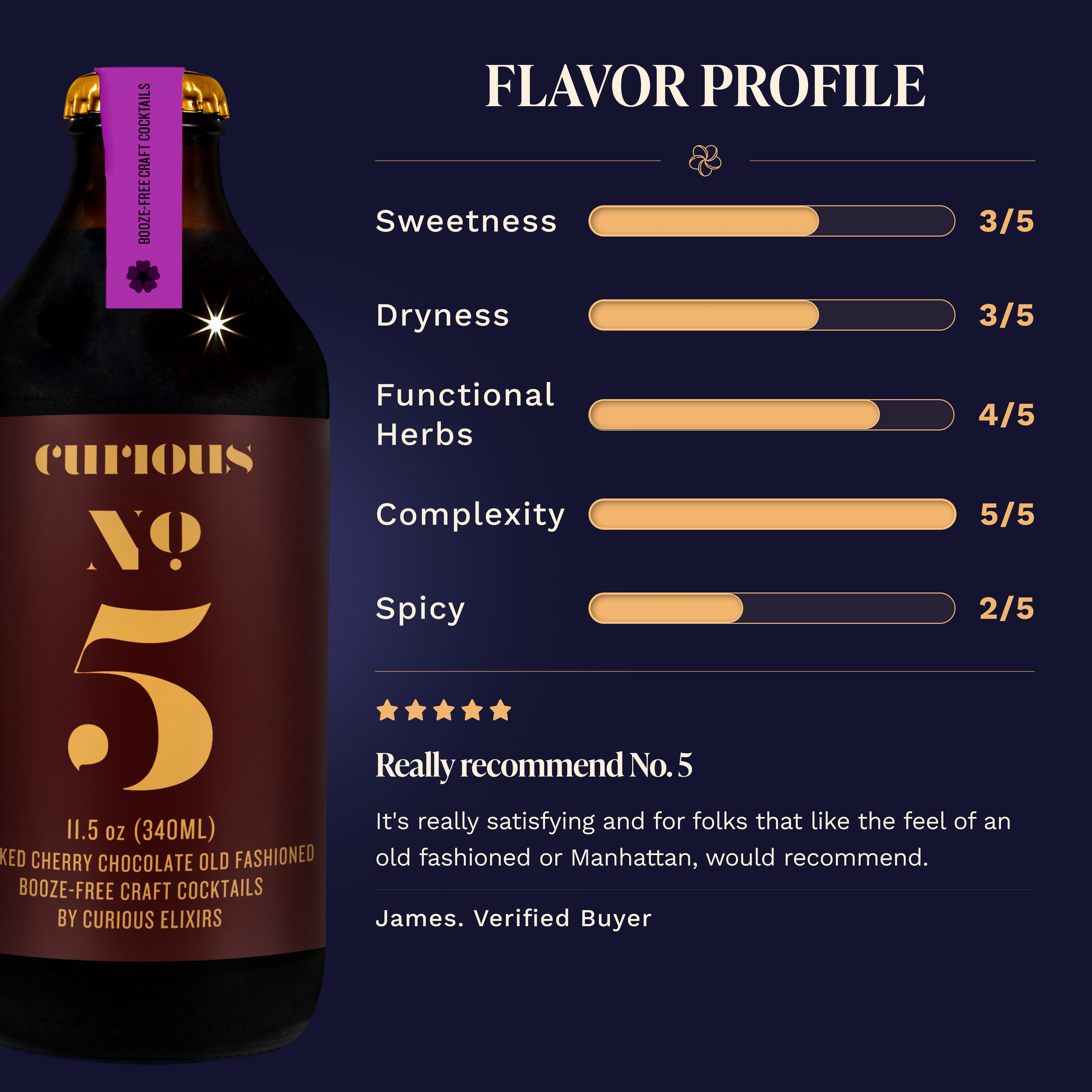 Curious No. 5 Smoked Cherry Chocolate Old Fashioned Flavor Profile: Sweetness 3/5, Dryness 3/5, Functional Herbs 4/5, Complexity 5/5, Spicy 2/5. Five-star review from James, Verified Buyer: 'Really recommend No. 5,' praising it as satisfying. Bottle with purple neck band shown at left.