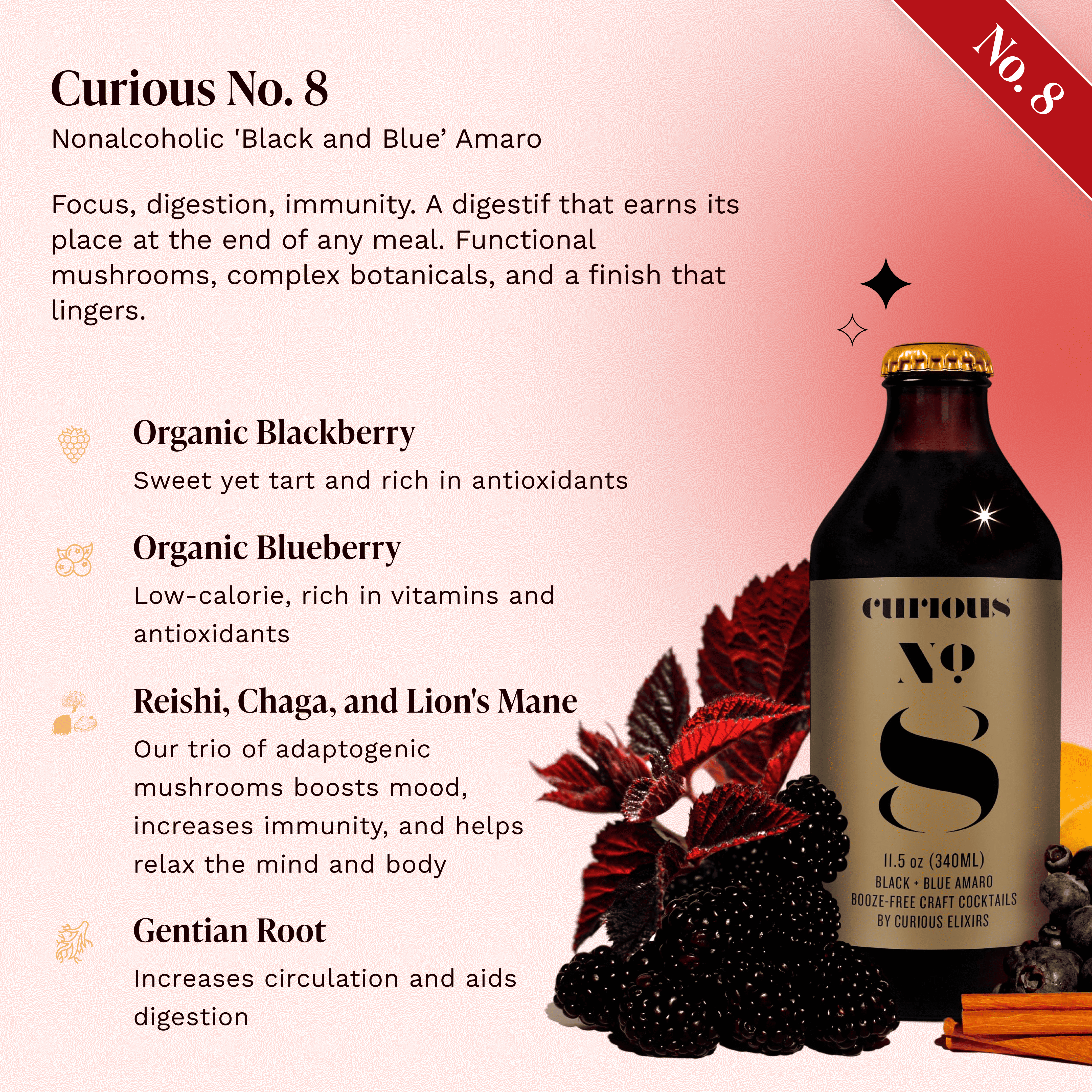 Curious No. 8 Nonalcoholic 'Black and Blue' Amaro, a digestif with functional mushrooms and complex botanicals. Features blackberry, blueberry, reishi, chaga, lion's mane, and gentian root. Tan-labeled bottle among blackberries, blueberries, red leaves, and cinnamon sticks.