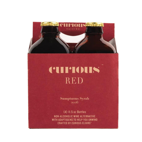 Pack of Curious Red Sumptuous Syrah wine bottles on a red carrier with gold text.