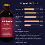 Curious Red Sumptuous Syrah 2026 Flavor Profile: Sweetness 3/5, Dryness 4/5, Functional Herbs 4/5, Complexity 5/5, Spicy 2/5. Five-star review from Sara J., Verified Buyer: 'One of my new favorites!' calling it smooth. Bottle with red label shown at left.