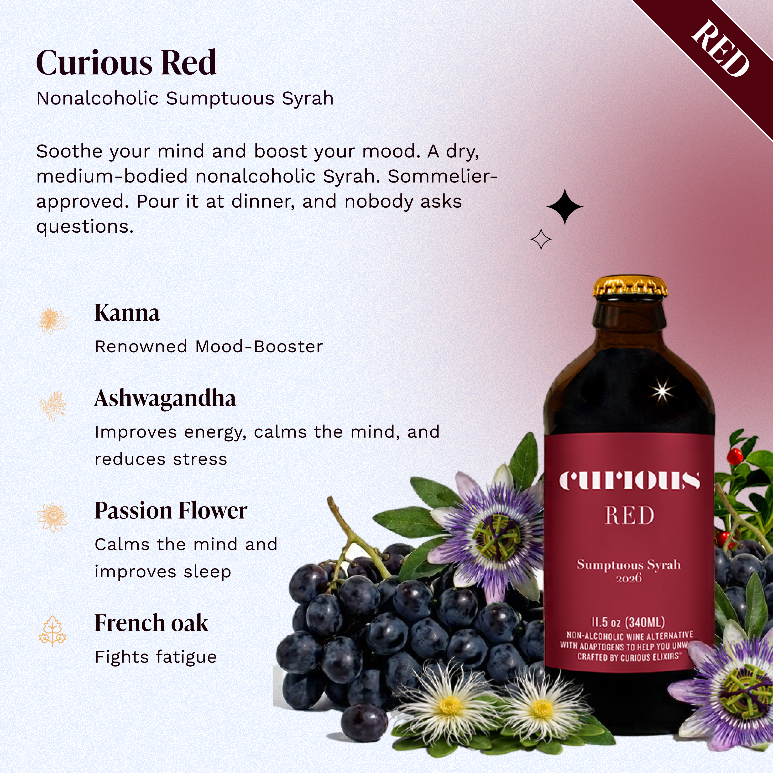 Curious Red Nonalcoholic Sumptuous Syrah bottle with dark grapes and passionflowers. Key ingredients: kanna, ashwagandha, passionflower, and French oak.