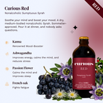 Curious Red Nonalcoholic Sumptuous Syrah bottle with dark grapes and passionflowers. Key ingredients: kanna, ashwagandha, passionflower, and French oak.