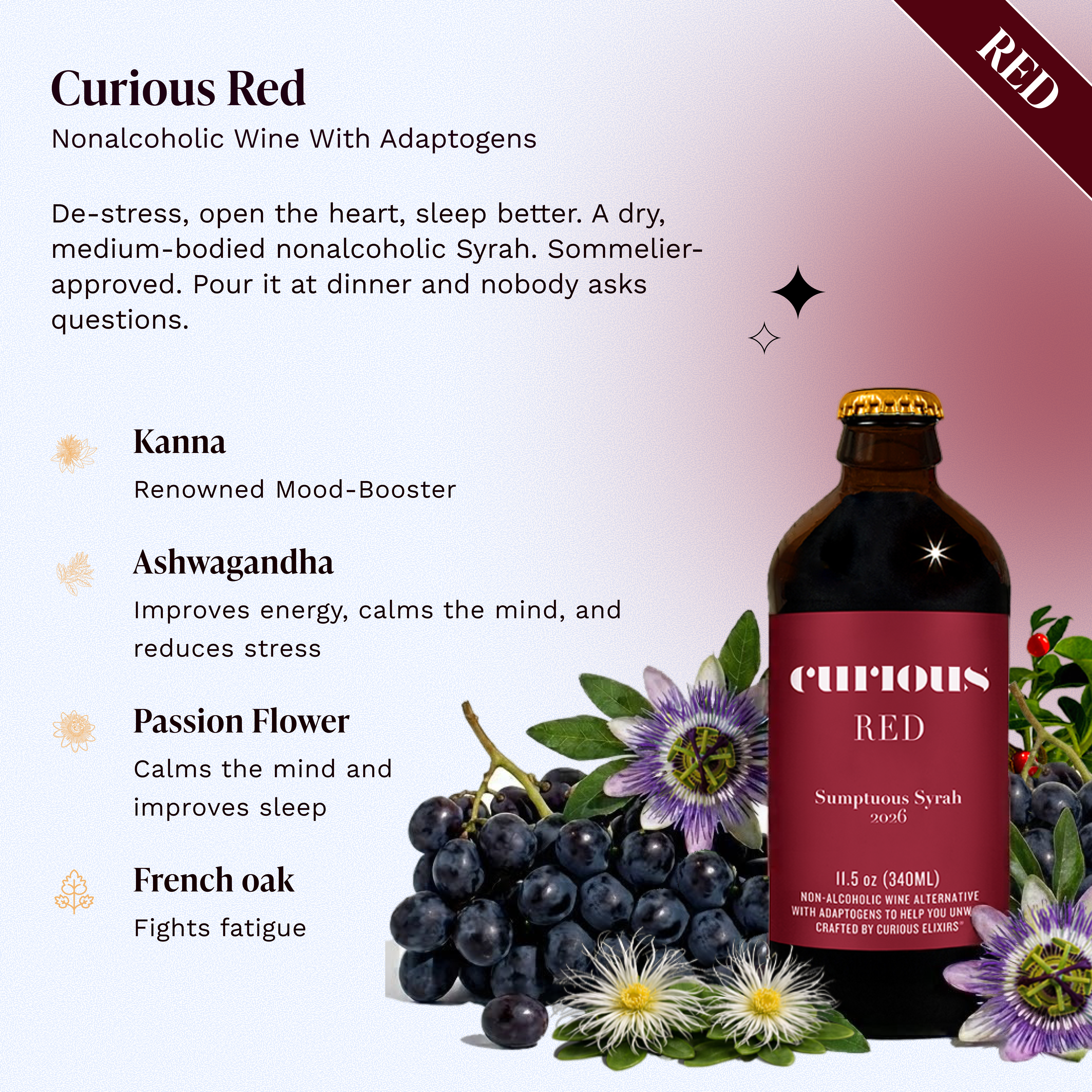 Curious Red Nonalcoholic Sumptuous Syrah bottle with dark grapes and passionflowers. Key ingredients: kanna, ashwagandha, passionflower, and French oak.