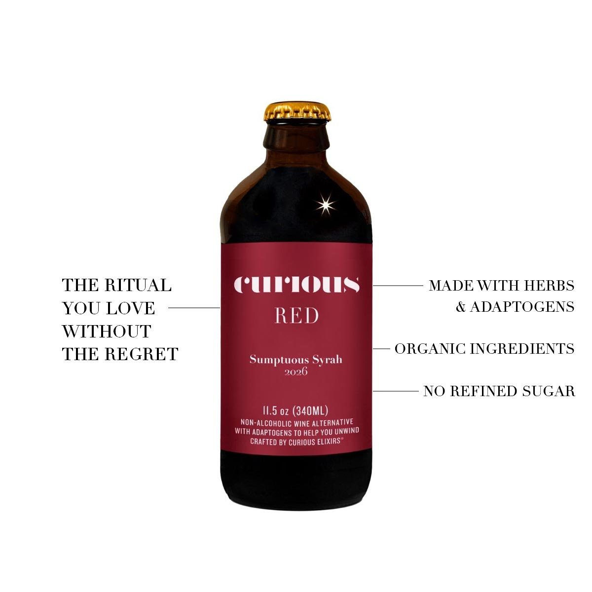Bottle of Curious Red Sumptuous Syrah 2026 on a white background with text about its features: made with herbs & adaptogens, organic ingredients, and no refined sugar.
